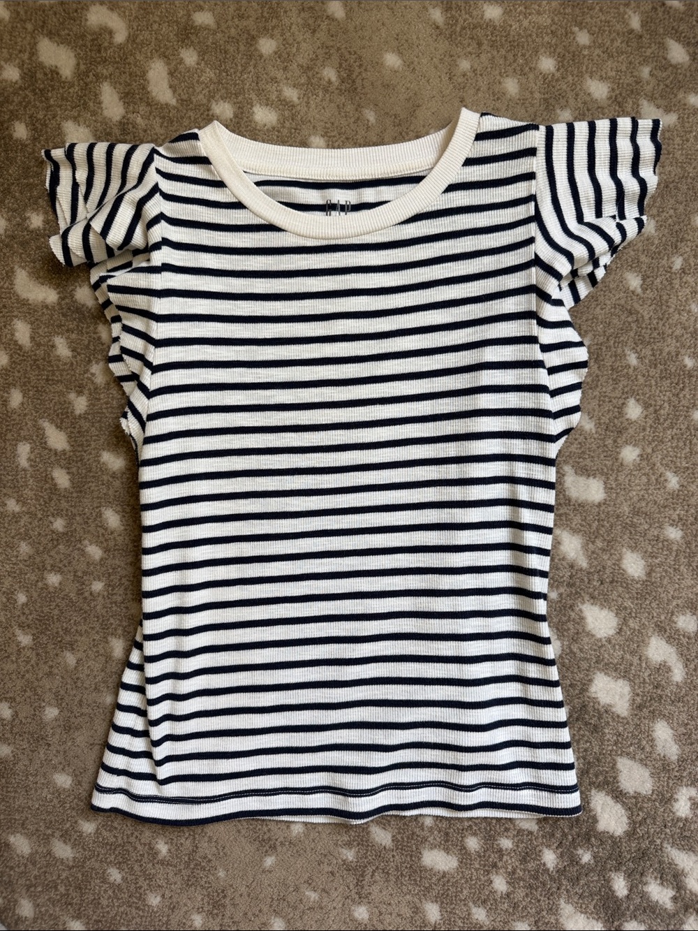 GAP White and Navy Striped Ruffle Sleeve Top